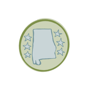 Animated illustration of the outline of the state of Alabama inside a circular badge.