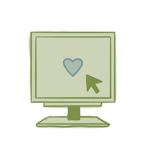 Animated illustration of a computer monitor displaying a heart icon with a cursor arrow clicking on it.