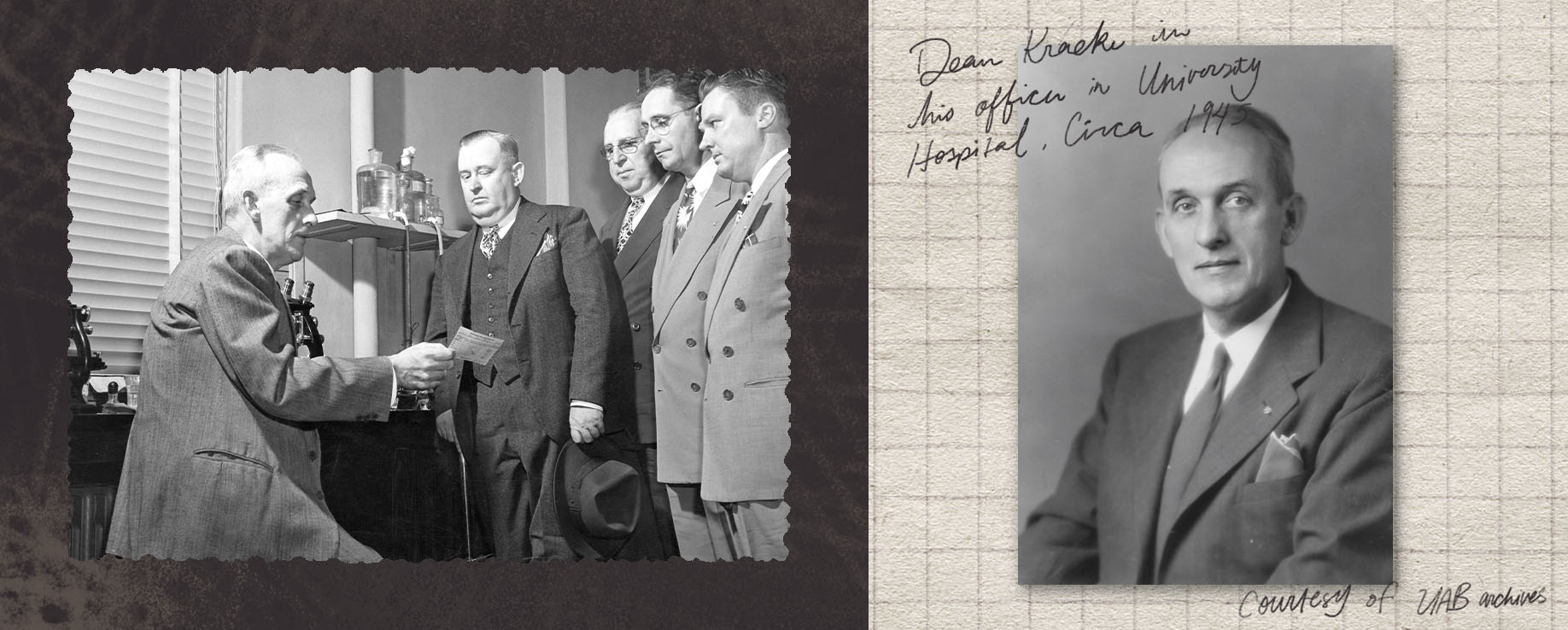 Two archival photos with mixed media design. Dr. Kracke is speaking with a group of men, gesturing to a slip of paper. In the second image Dr. Kracke poses for a portrait. Photos taken circa 1945.