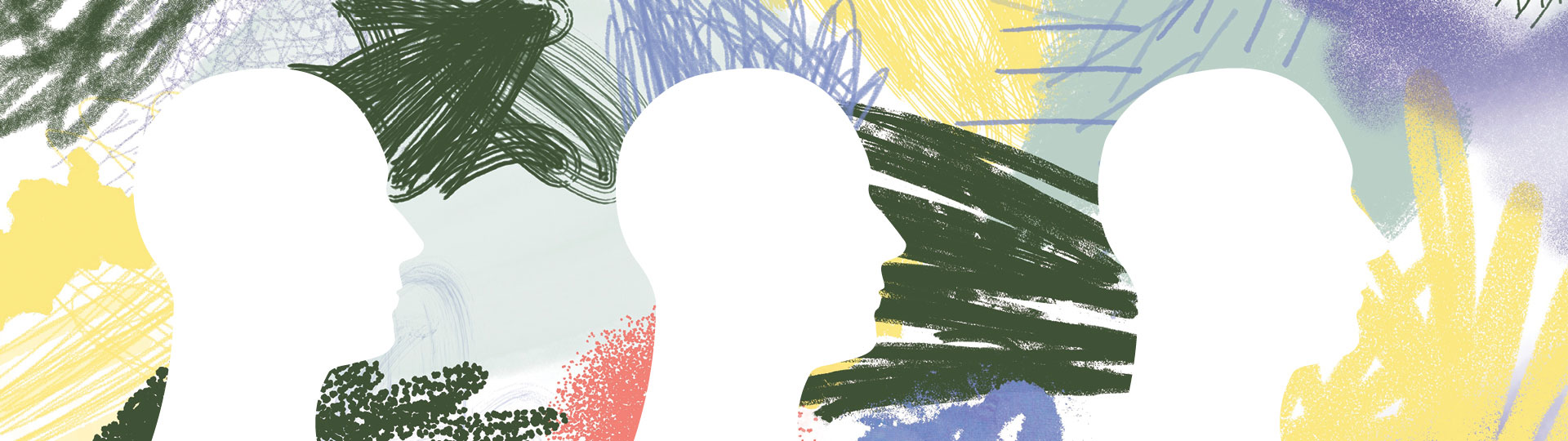 An illustrated image representing clear minds. Three white silhouettes on a swirling, scribbled, speckled, multicolored background.
