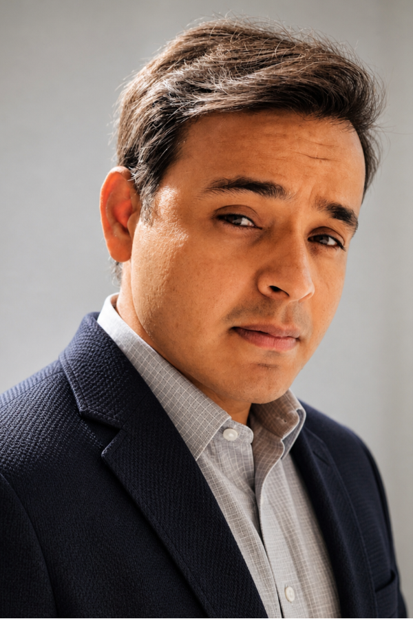 Nitesh Sharma, Ph.D., stands in front of a gray background.