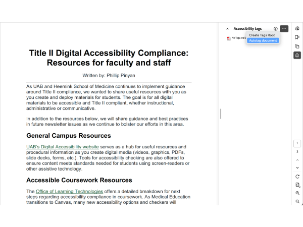 A screenshot showing how to apply accessibility tags to PDF.
