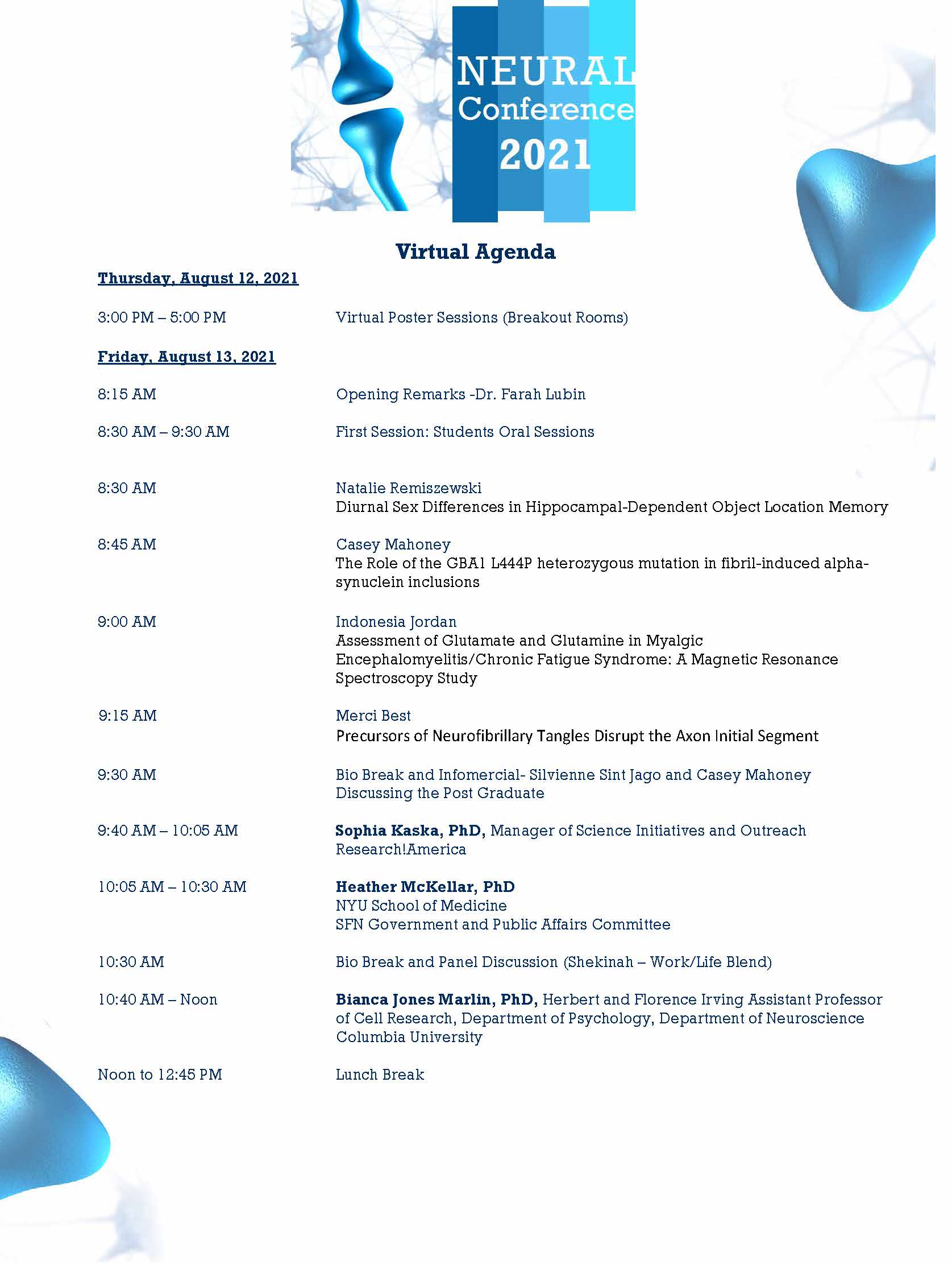 2021 NEURAL Conference Agenda Page 1