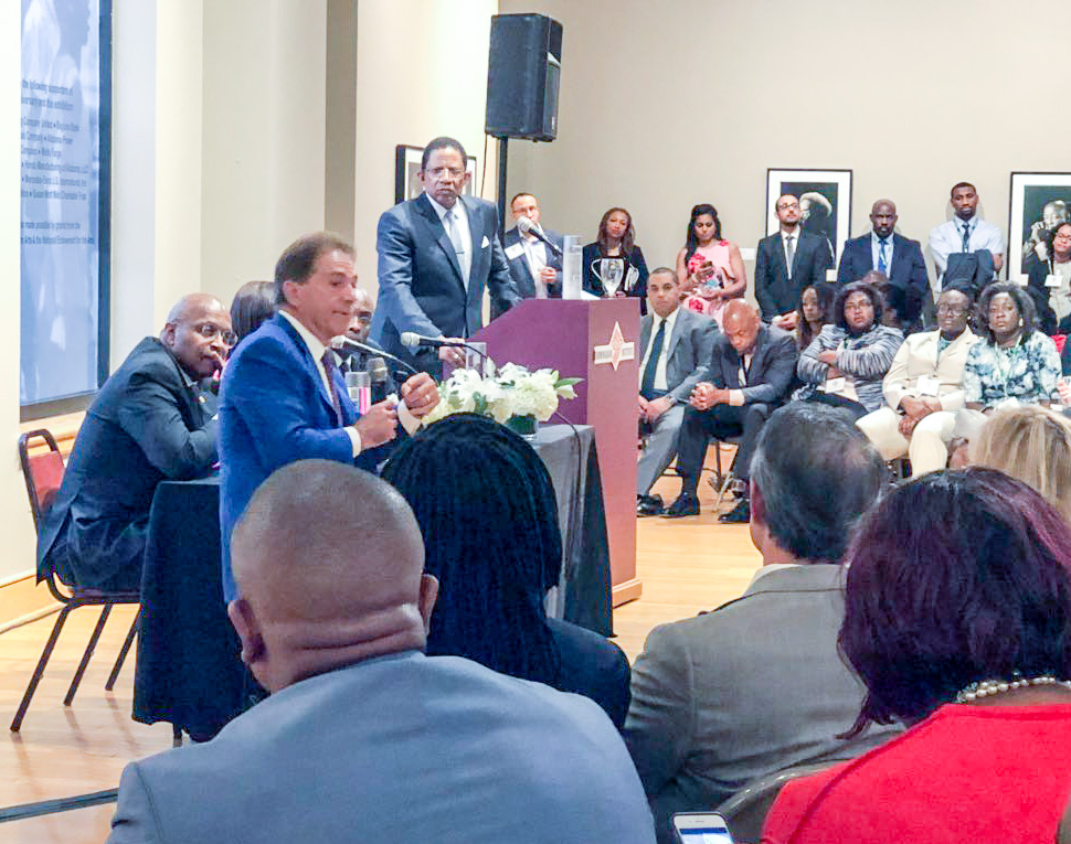 University of Alabama football head coach Nick Saban speaks at a panel discussion with Society of Black Academic Surgeons leadership and UAB School of Medicine Dean Dr. Selwyn Vickers at the SBAS 28th Annual Meeting at the Birmingham Civil Rights Institute on April 27, 2018. 