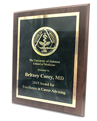 Dr. Britney Corey was named Medical Student Career Advisor of the Year at this year's UAB School of Medicine Birmingham Campus Awards reception at the National Alumni House on May 17.