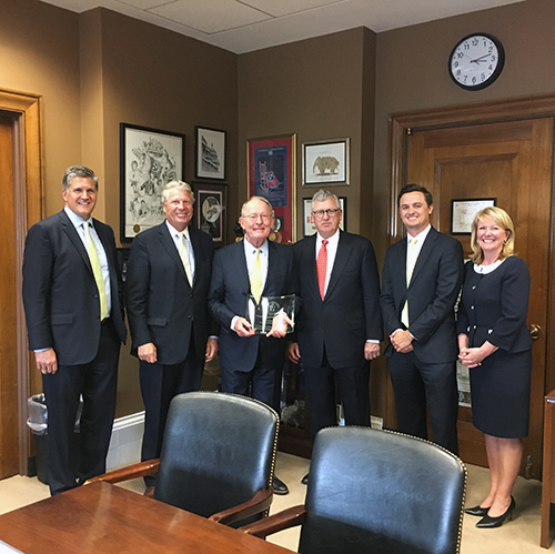 Sen. Lamar Alexander, R-Tenn. (third from left), receives the STS Legislator of the Year Award at the June 2018 STS Legislative Fly-in, alongside Dr. Rob Headrick (far left), Dr. Alan Speir (second from left), Dr. Stephen J. Lahey (third from right), Zach Burns (second from right) and Dr. Judy Tingley (far right).
