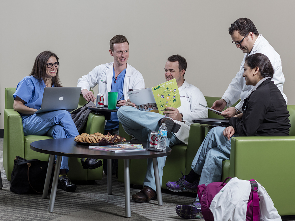 General surgery residents (from left to right) Margaux Mustian, M.D., Taylor Geraldson, M.D., Woody Farrington, M.D., Omeed Moaven, M.D., and Kavina Juneja , M.D., said they are looking forward to having a place to relax.