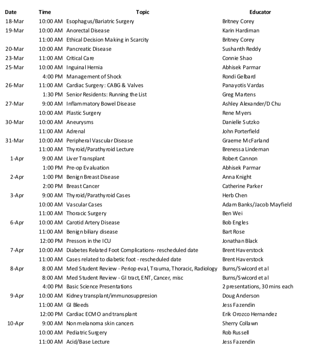 Clerkship lecture schedule