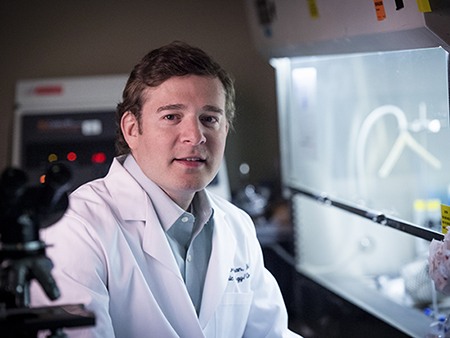 Close-up of Dr. Gregory Friedman, MD (Assistant Professor, Pediatrics - Hematology/Oncology) in laboratory.