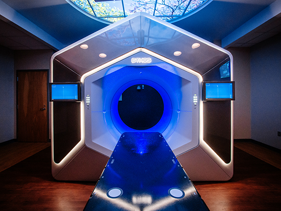 Close-up of new Varian Ethos Adaptive Radiotherapy Platform, a comprehensive, revolutionary new linear accelerator (one of four of five in the world) for radiation therapy that has Adaptive Intelligence, located in the Hazelrig-Salter Radiation Oncology Center, August 2021. 
