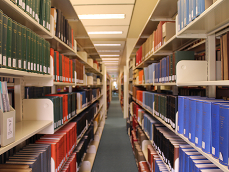 Shelves of books inside Mervyn Sterne Library, 2016.