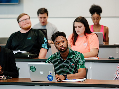Students are sitting in finance classroom in the Collat School of Business, July 2019.