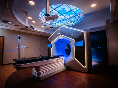 Close-up of new Varian Ethos Adaptive Radiotherapy Platform, a comprehensive, revolutionary new linear accelerator (one of four of five in the world) for radiation therapy that has Adaptive Intelligence, located in the Hazelrig-Salter Radiation Oncology Center, August 2021. 