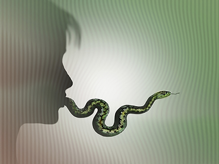 Conceptual illustration of a young woman's profile with a snake as a tongue depicting harsh speech or lies.