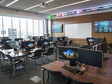 Interior of the Chad Thomas Hagwood Finance Lab inside the Collat School of Business, 2019.