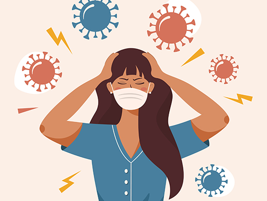 Flat vector illustration of a woman that clutches at head with both hands. Covid 19 causes headache, panic, fright, depression. Stress, irritation from coronavirus, badmood