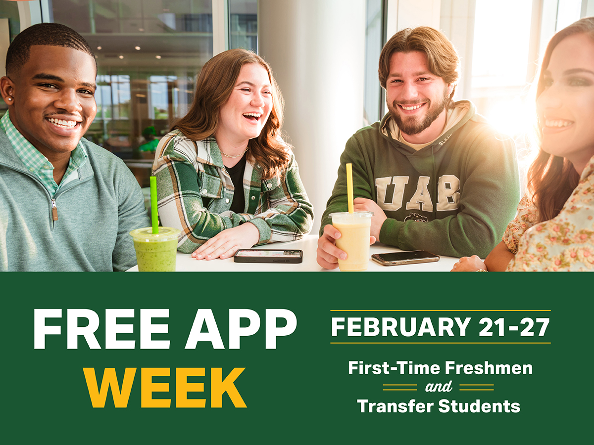 Graphic displaying four students sitting at a table happily talking with the text placed in green box: 