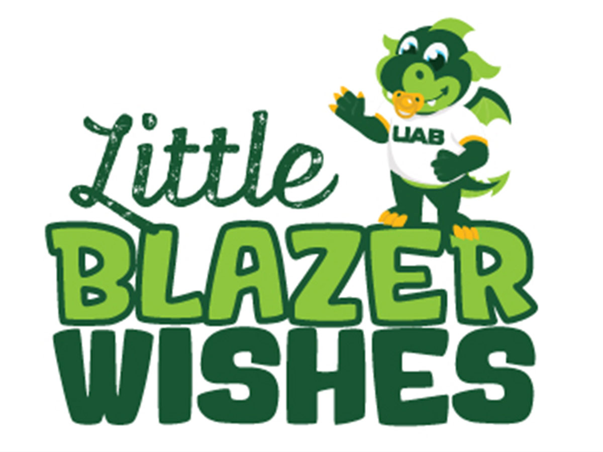 A graphic features an illustration of the UAB mascot, Blaze the dragon, as a baby wearing a white t-shirt that says 'UAB.'