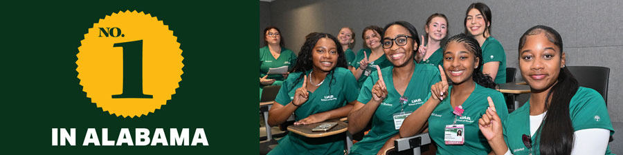 UAB School of Nursing BSN program ranked No. 1 in Alabama, shown alongside a classroom photo of nursing students in green scrubs holding up one finger to represent the ranking.