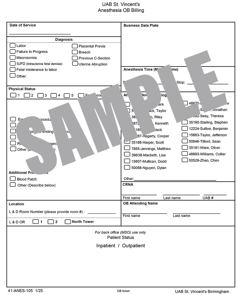 ANES OB BILLING CHARGE TICKET