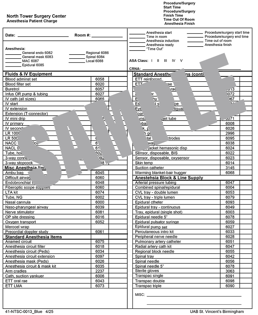 ANESTHESIA PATIENT CHARGE BLUE