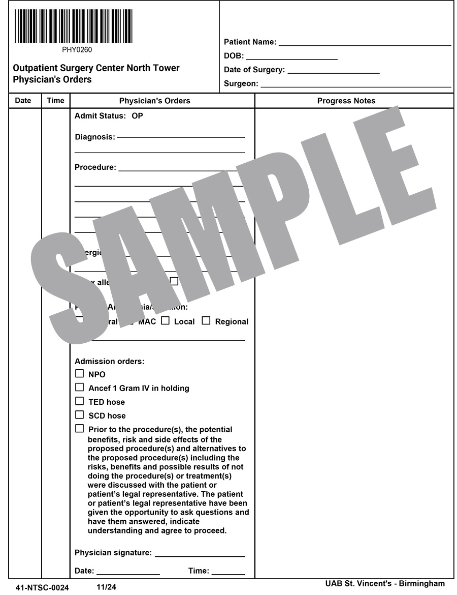 NT SURGERY CENTER PHYSICIAN ORDERS