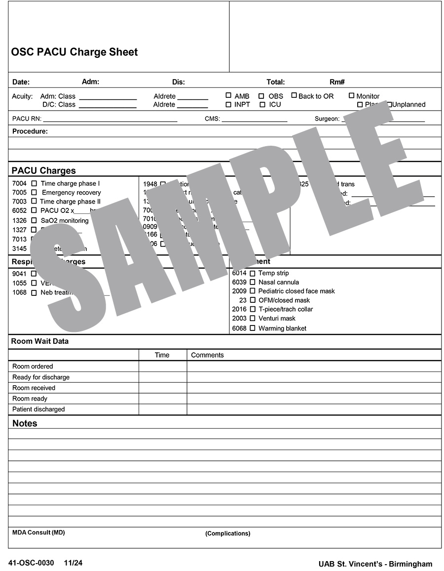 PACU CHARGE SHEET