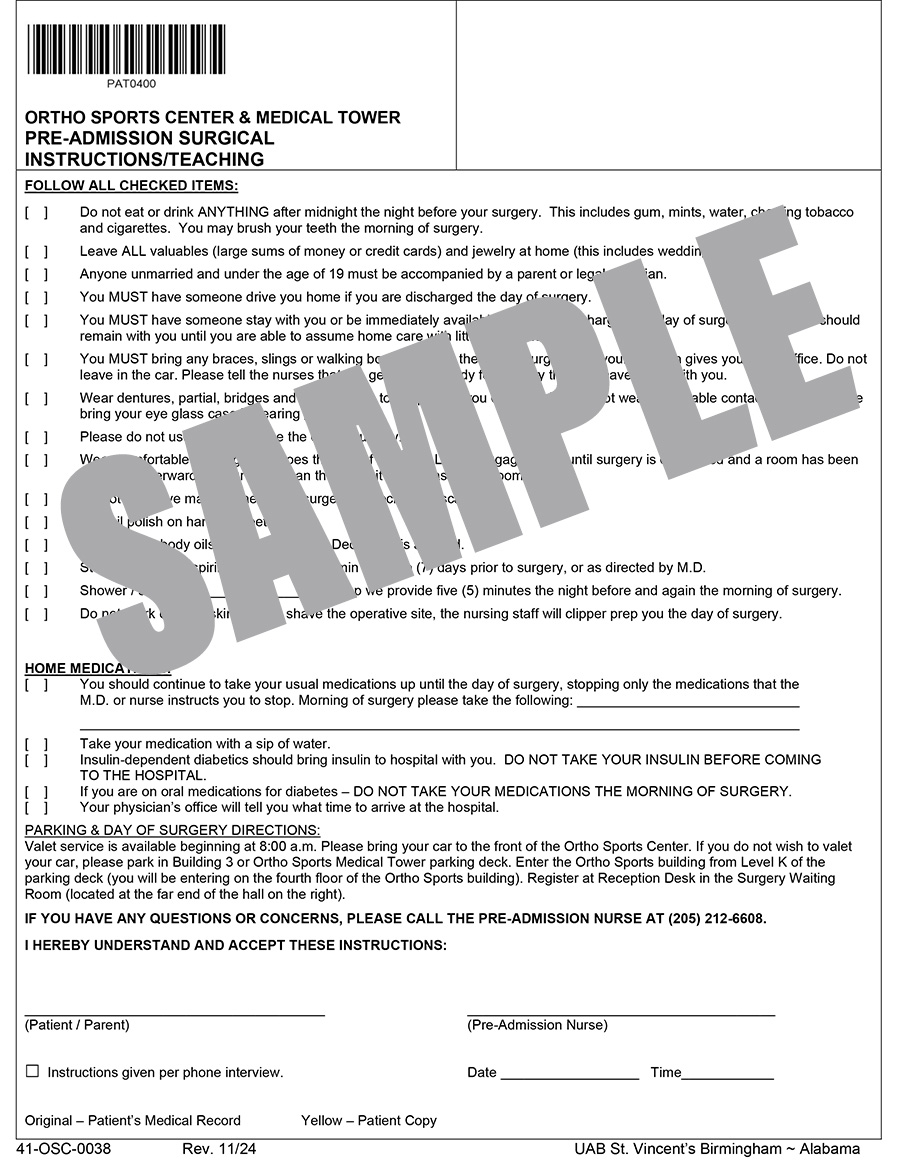 PRE-ADMISSION SURGICAL INSTRUCTIONS