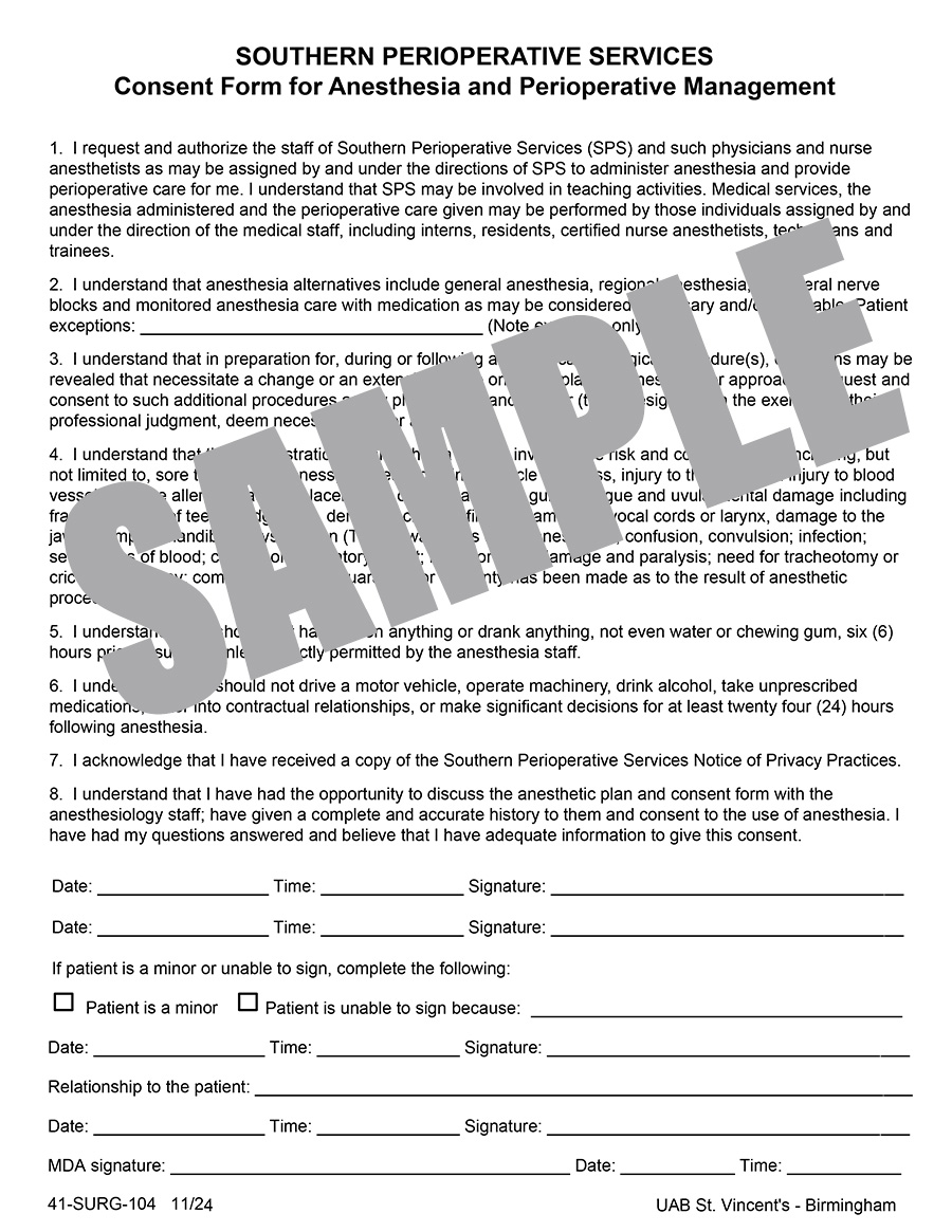 SOUTHERN PERIOPERATIVE SERVICES CONSENT