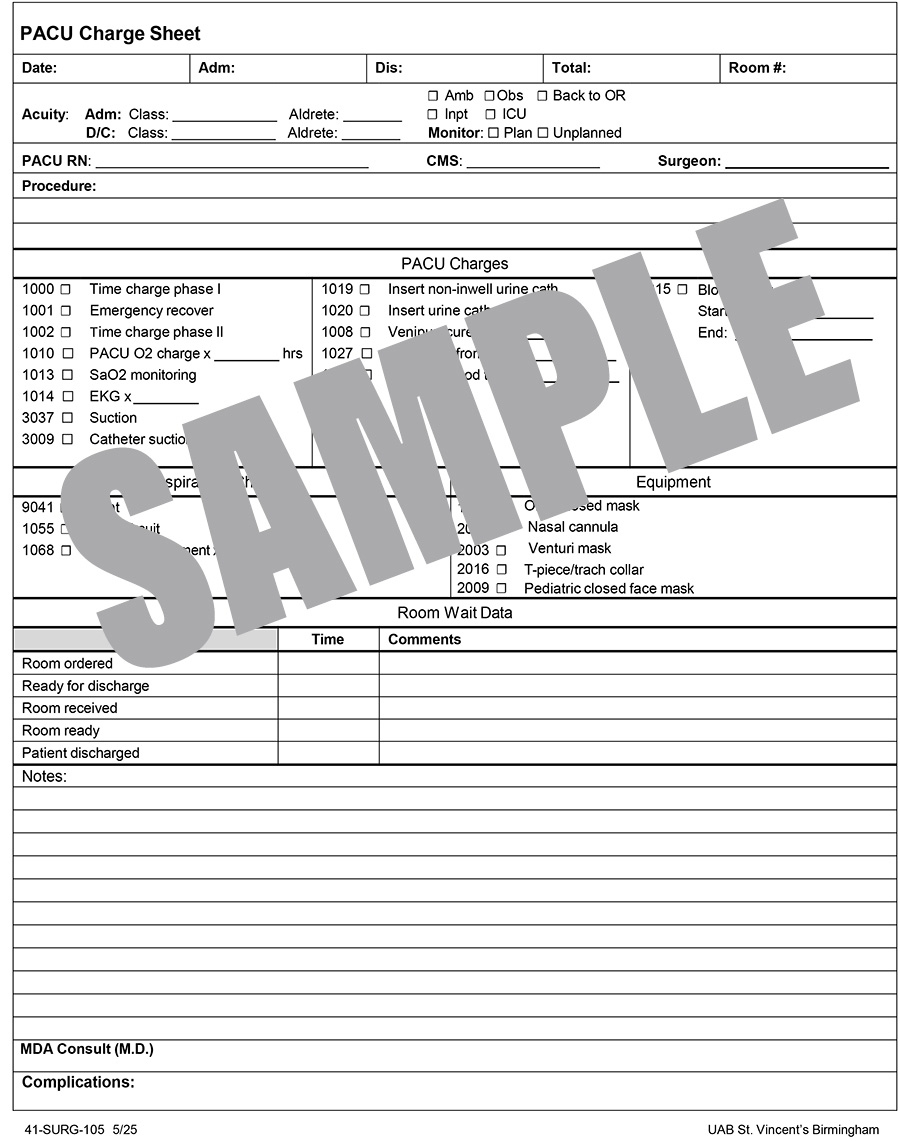 PACU CHARGE SHEET