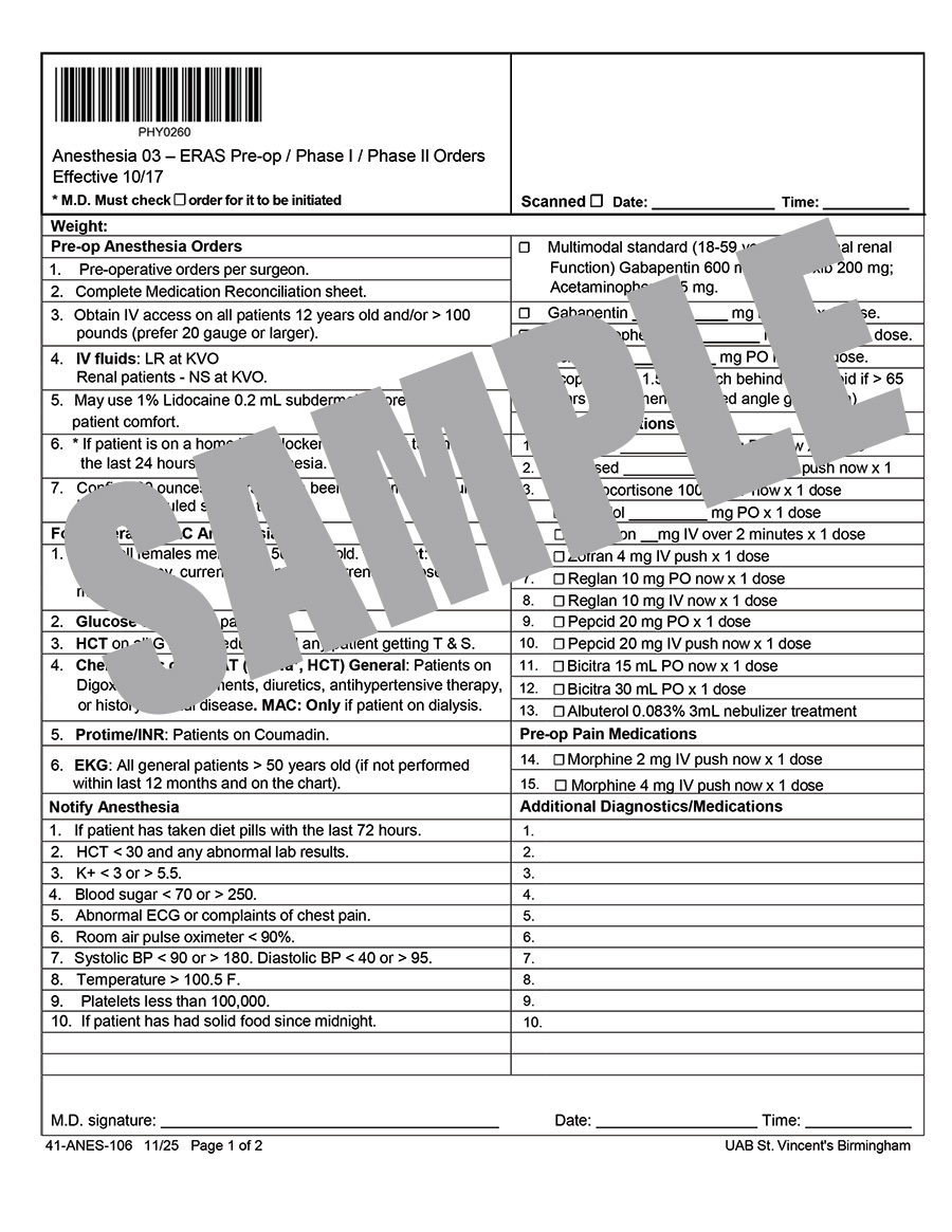 ANESTHESIA 03 ERAS PRE-OP PHASE I & II ORDERS
