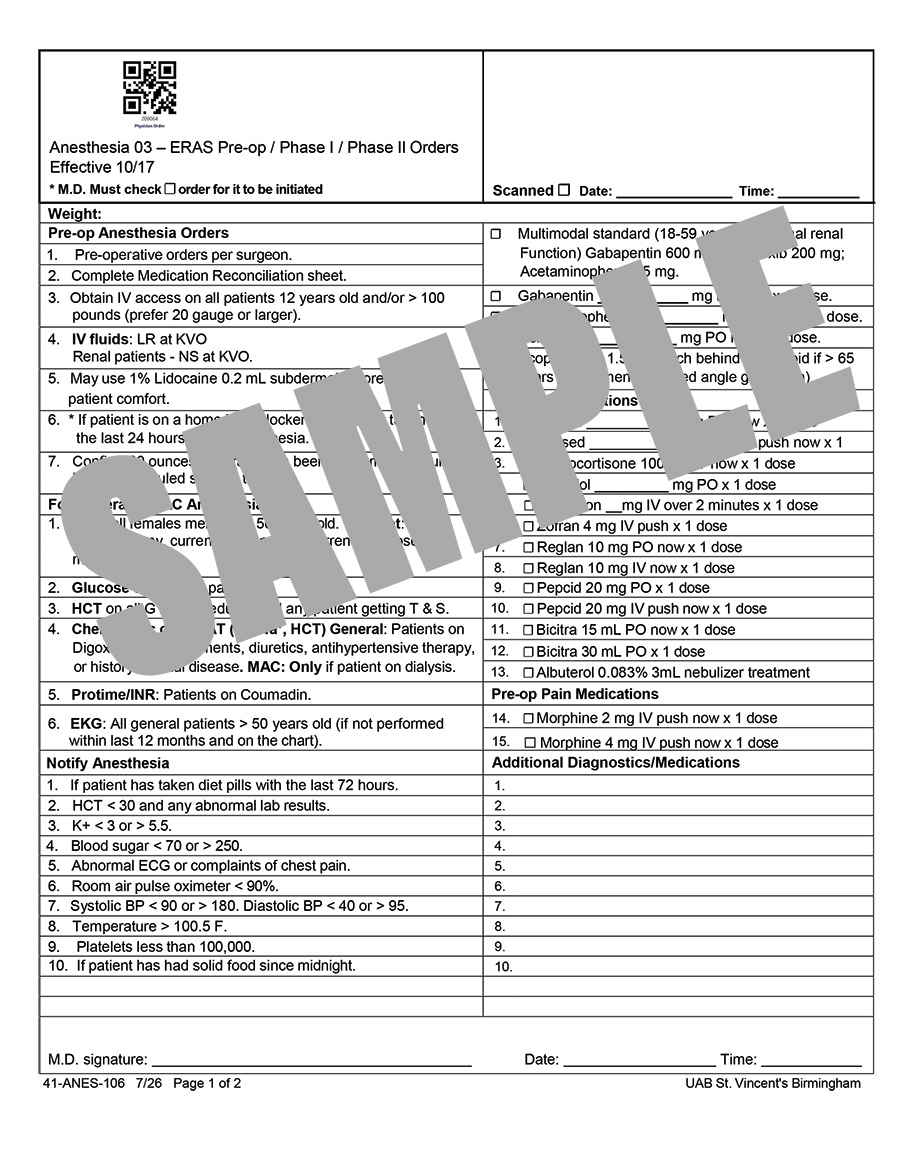 ANESTHESIA 03 ERAS PRE-OP PHASE I & II ORDERS