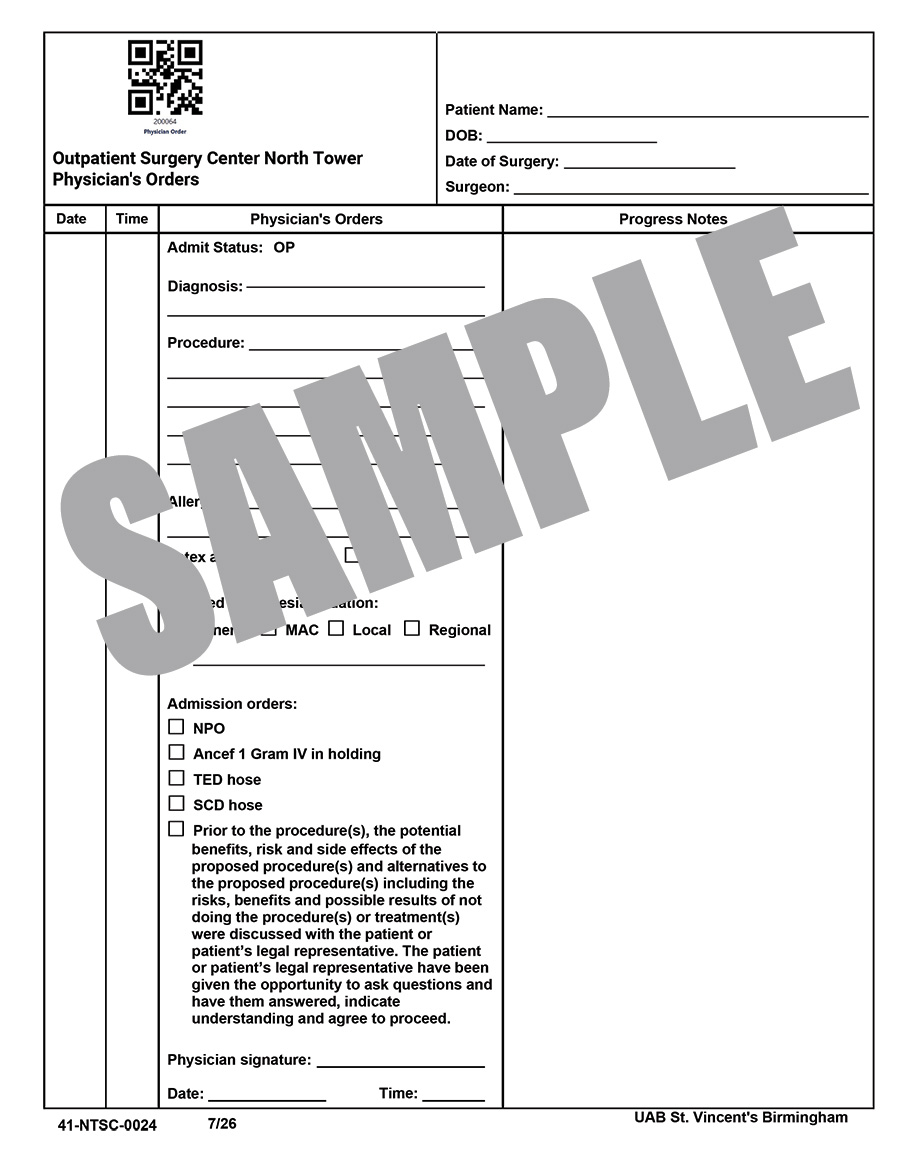 NT SURGERY CENTER PHYSICIAN ORDERS