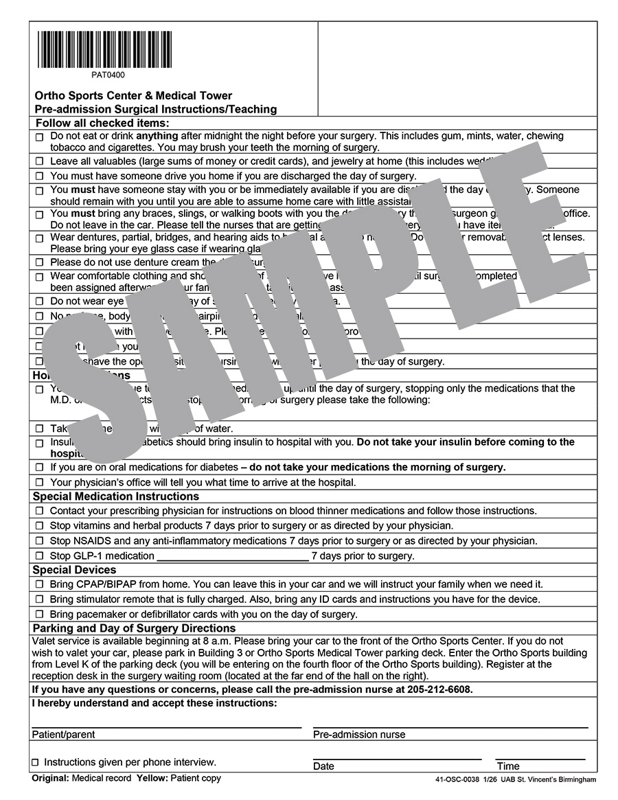 PRE-ADMISSION SURGICAL INSTRUCTIONS