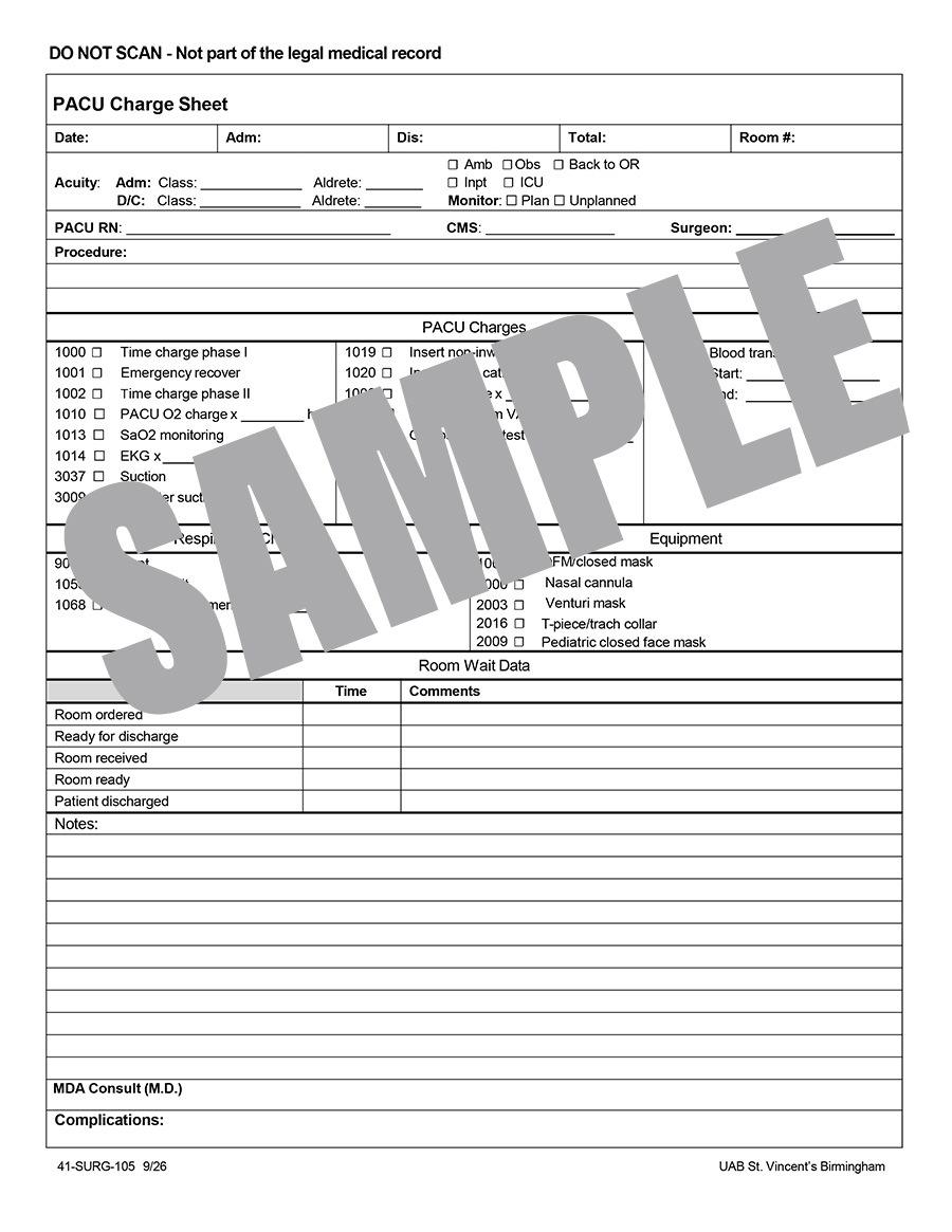 PACU CHARGE SHEET