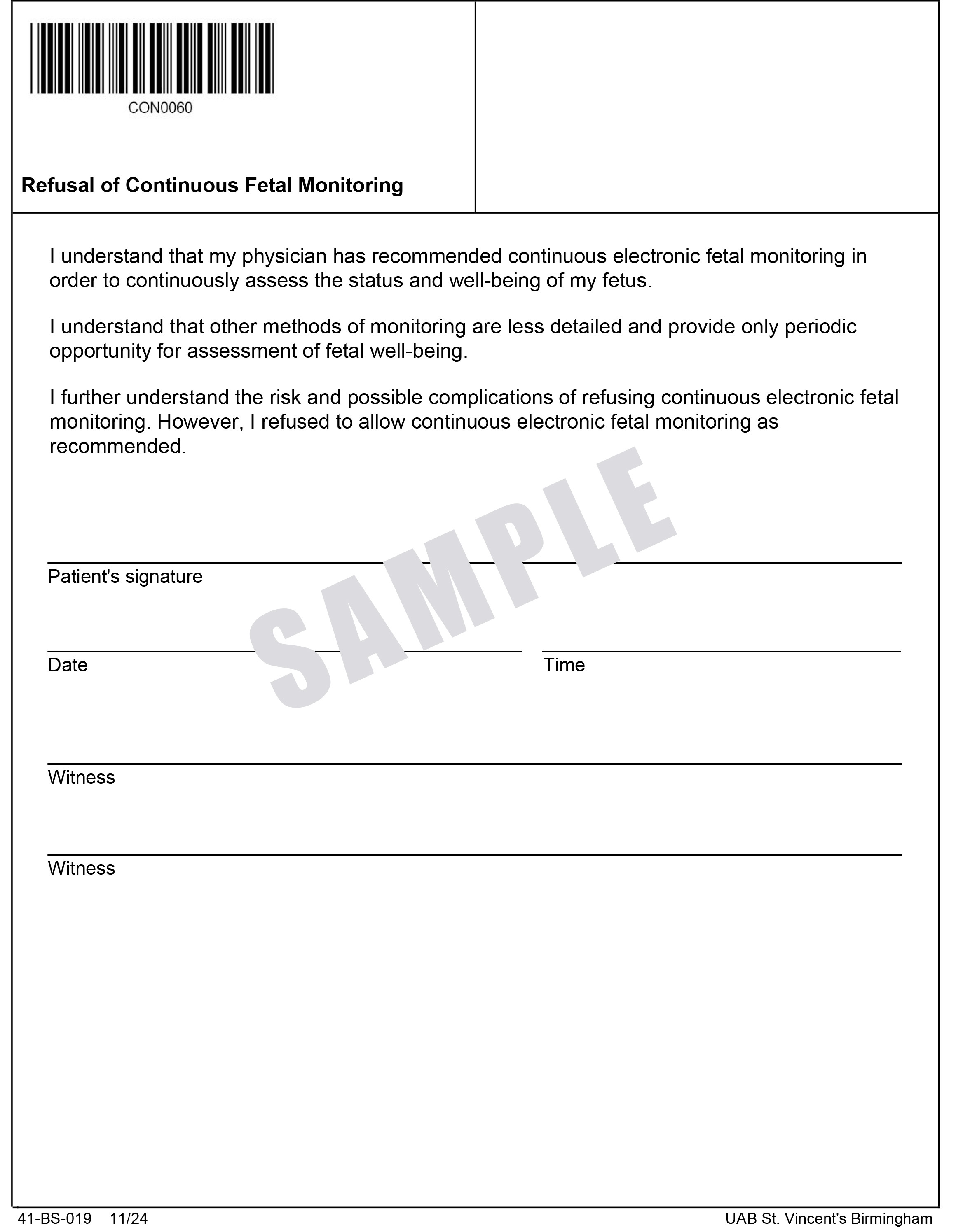 REFUSAL OF CONTINOUS FETAL MONITORING