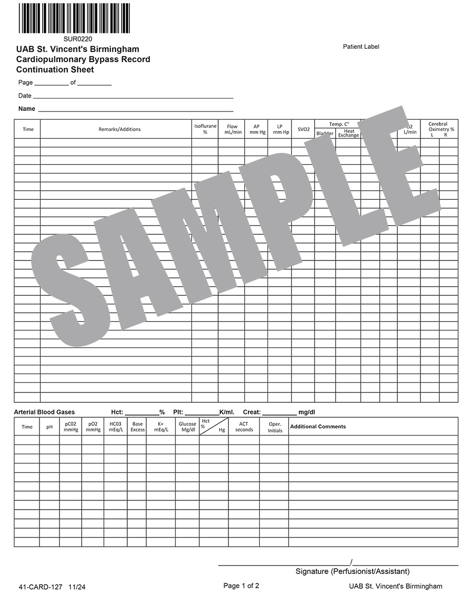 CARDIOPULMONARY BYPASS RECORD CONTINUATION SHEET