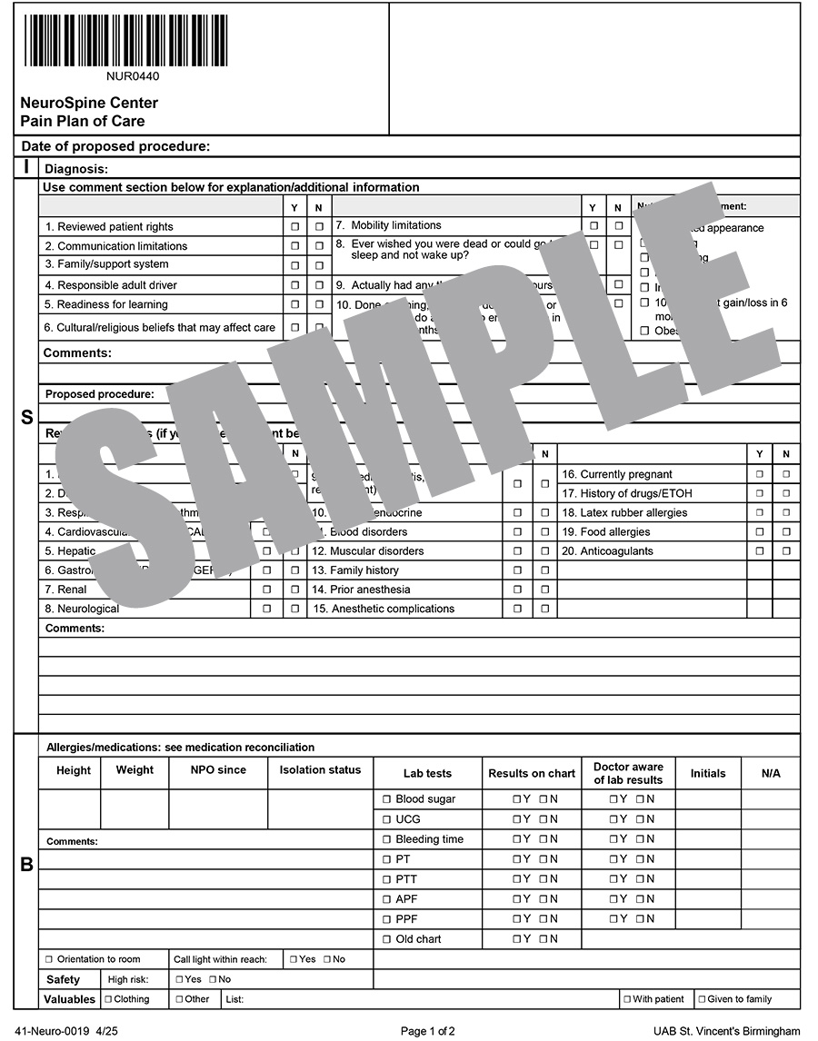 NEUROSPINE CENTER PAIN PLAN OF CARE