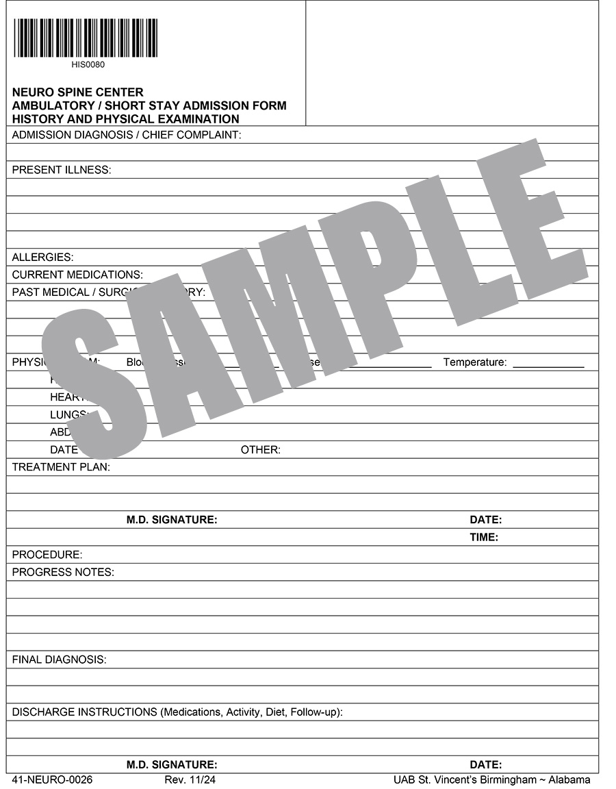 NEUROSPINE CENTER AMBULATORY SHORT STAY ADMISSION FORM - H&P