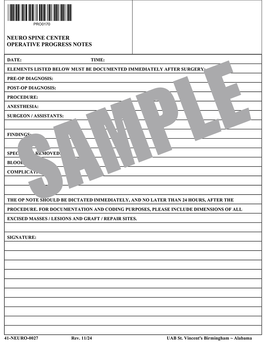 NEUROSPINE CENTER OPERATIVE PROGRESS NOTES