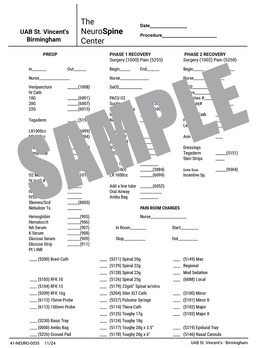 NEUROSPINE CENTER CHARGE SHEET