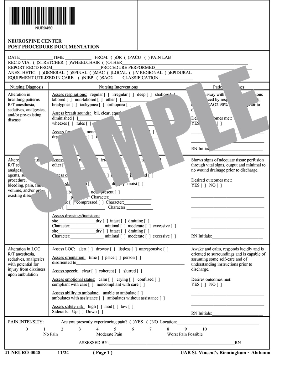 NEUROSPINE CENTER POST PROCEDURE DOCUMENTATION