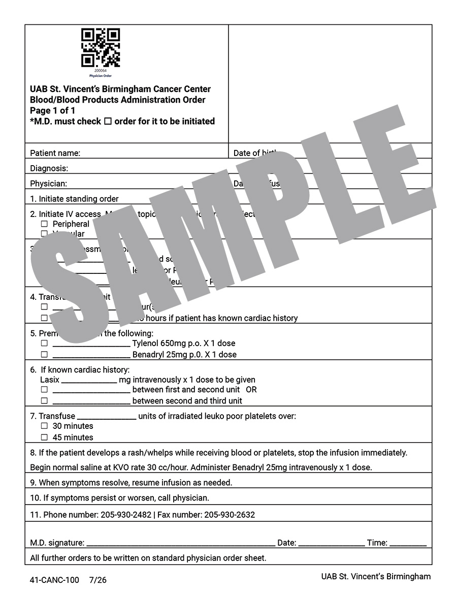 BLOOD/BLOOD PRODUCTS ADMINISTRATION ORDER