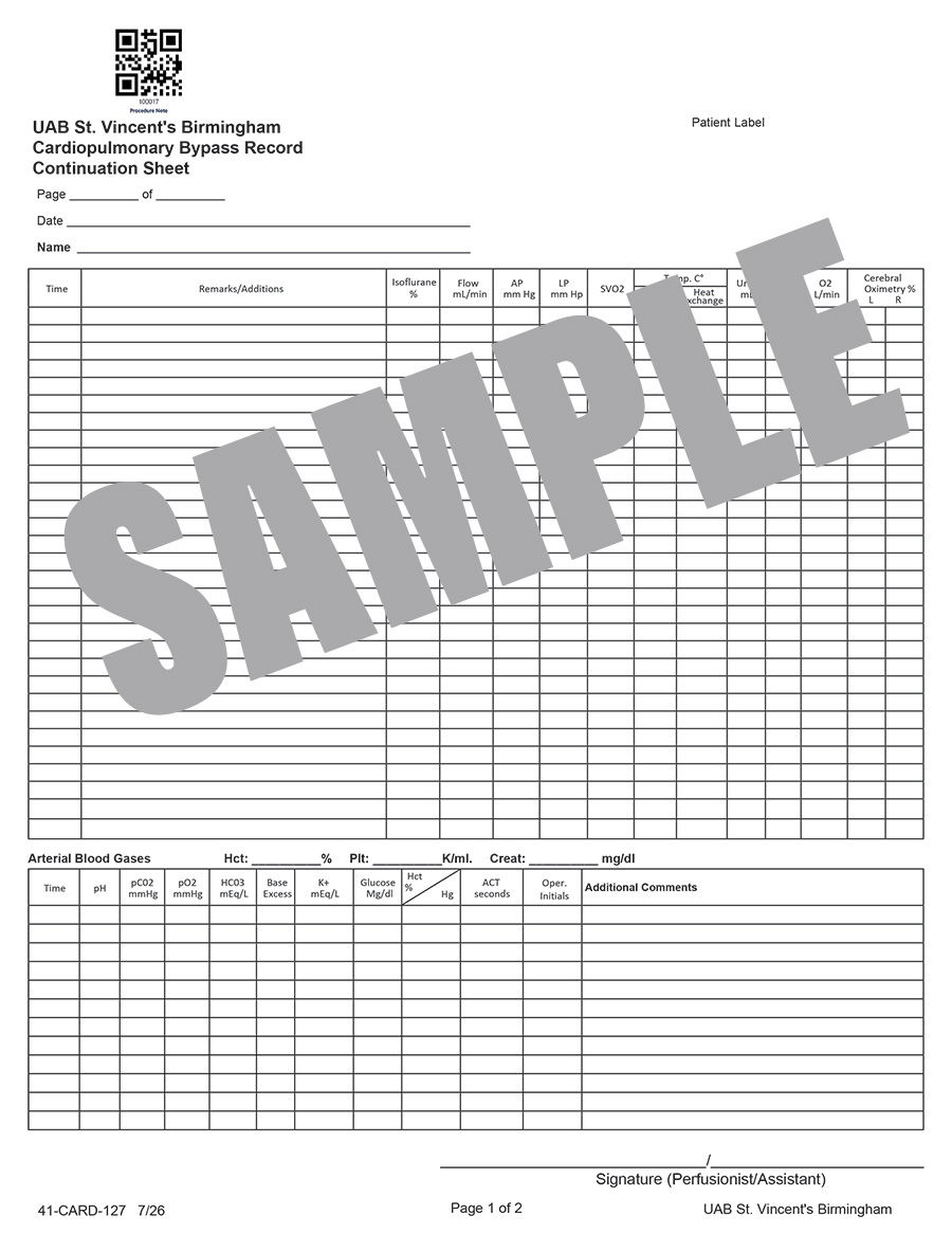 CARDIOPULMONARY BYPASS RECORD CONTINUATION SHEET