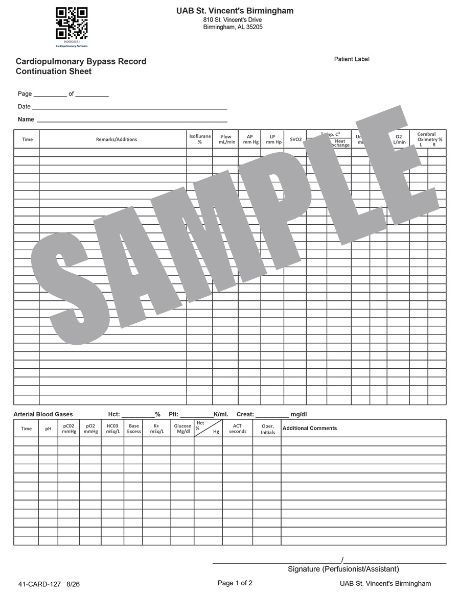 CARDIOPULMONARY BYPASS RECORD CONTINUATION SHEET