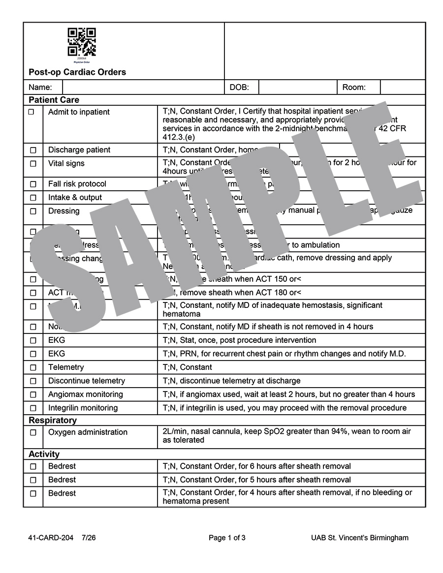 POST-OP CARDIAC ORDERS