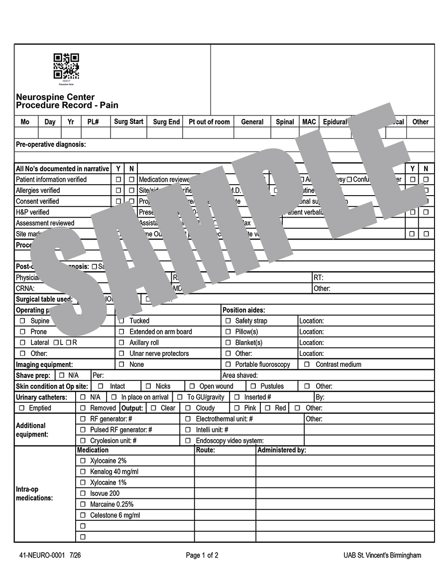 NEUROSPINE CENTER PROCEDURE RECORD - PAIN