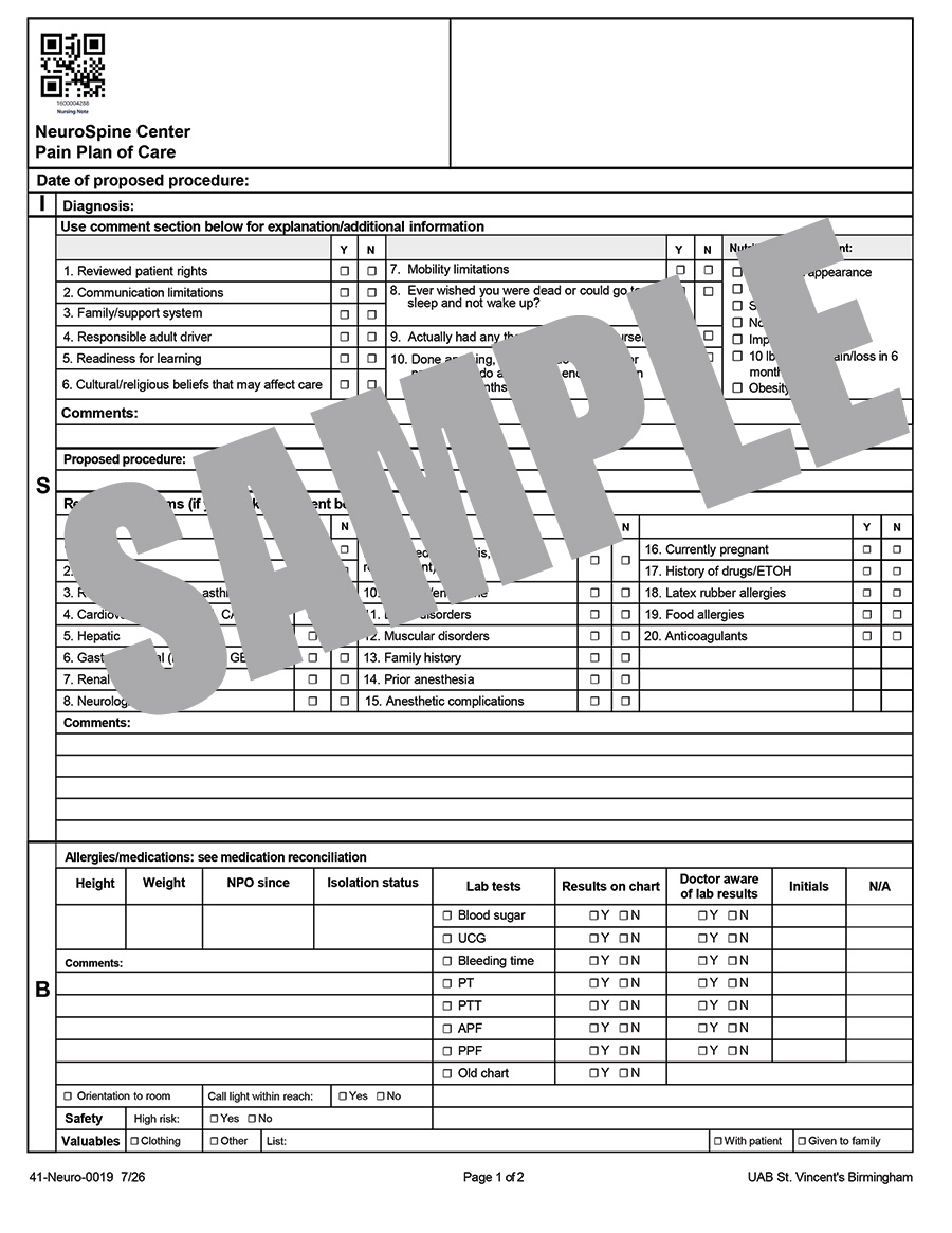 NEUROSPINE CENTER PAIN PLAN OF CARE