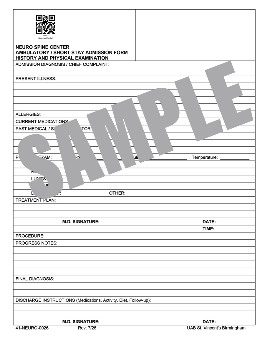 NEUROSPINE CENTER AMBULATORY SHORT STAY ADMISSION FORM - H&P
