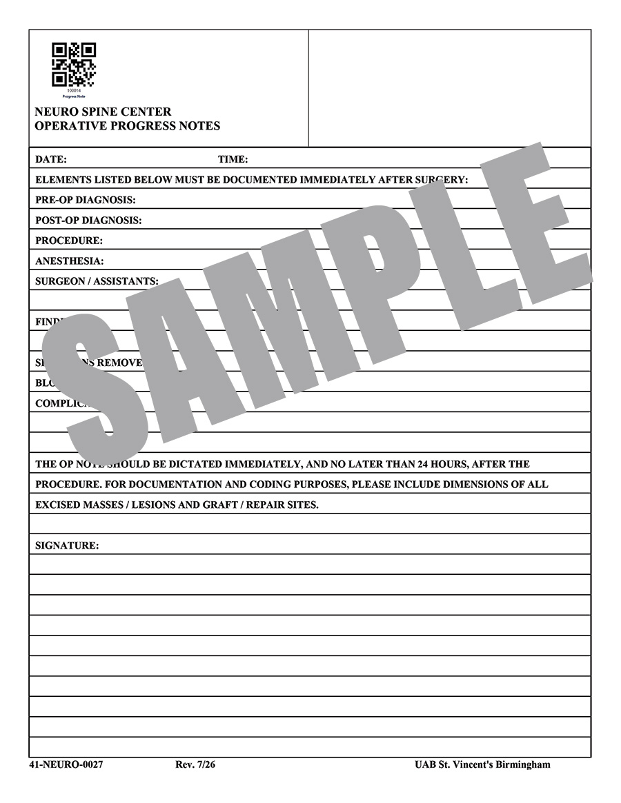 NEUROSPINE CENTER OPERATIVE PROGRESS NOTES